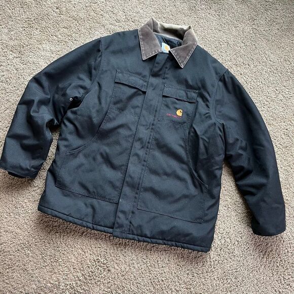 VTG Carhartt C14 Black Workwear Coat L/XL Rugged Faded Nylon, Cord Collar - Picture 1 of 12
